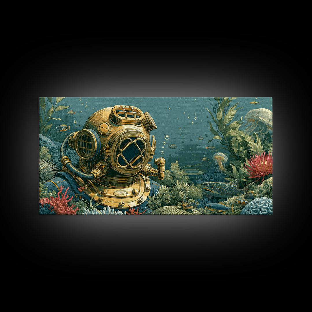Brass Diving Helmet Canvas Print, Steampunk Art, Wall Art, Living Room Decor, Oil Painting, Mechanic, Ai Art, Digital Print, STE-2x1-32