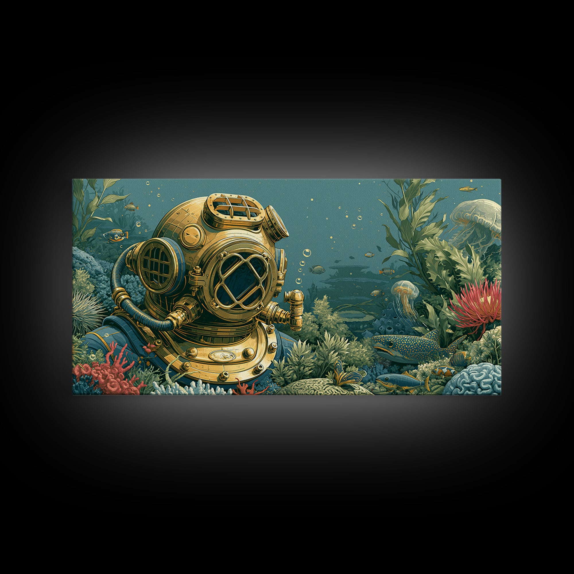 Brass Diving Helmet Canvas Print, Steampunk Art, Wall Art, Living Room Decor, Oil Painting, Mechanic, Ai Art, Digital Print, STE-2x1-32
