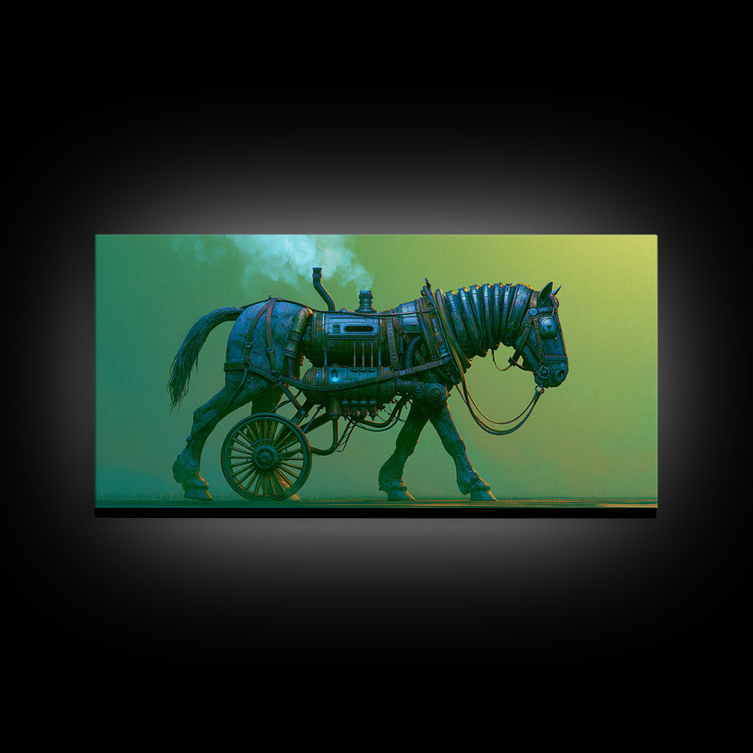 Steam Powered Horse Framed Canvas Print, Steampunk Art, Wall Art, Living Room Decor, Oil Painting, Mechanic, Ai Art, STE-2x1-35