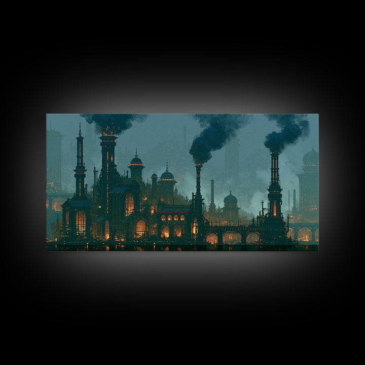 Steam Powered City Skyline Canvas Print, Steampunk Art, Digital Art, Living Room Decor, Abstract Art, Mechanic, Wall Art Print, STE-2x1-41