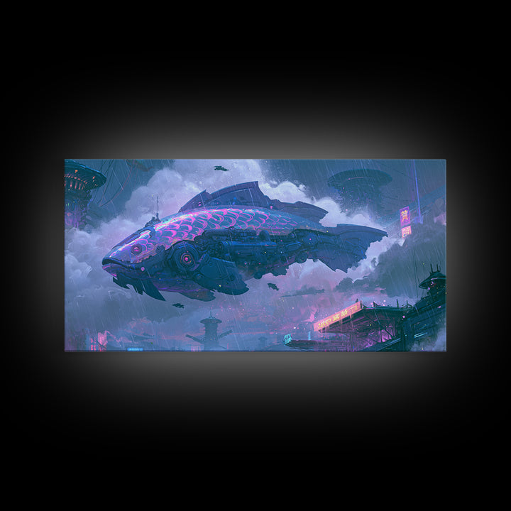 Mechanical Fish Swimming Through Clouds Framed Canvas Print, Steampunk Art, Room Decor, Living Room Decor, Fine Art, Mechanic, STE-2x1-42