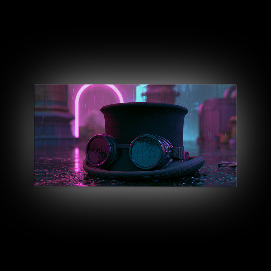 Top Hat and Goggles Still Life Framed Canvas Print, Steampunk Art, Art Nouveau, Living Room Decor, Fine Art, Mechanic, STE-2x1-72