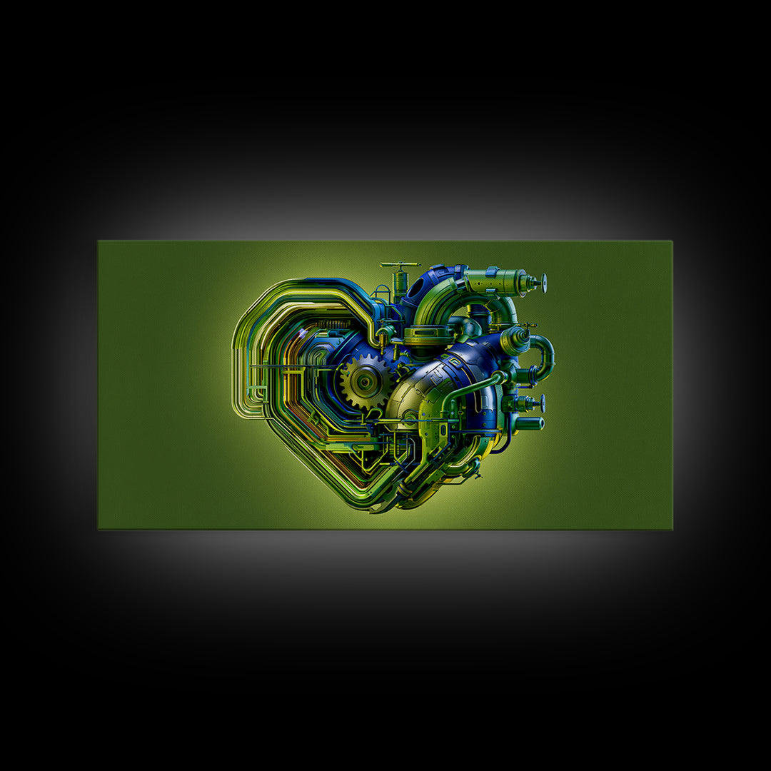 Gear Heart with Pipes and Valves Framed Canvas Print, Steampunk Art, Digital Print, Living Room Decor, Fine Art, Mechanic, STE-2x1-88
