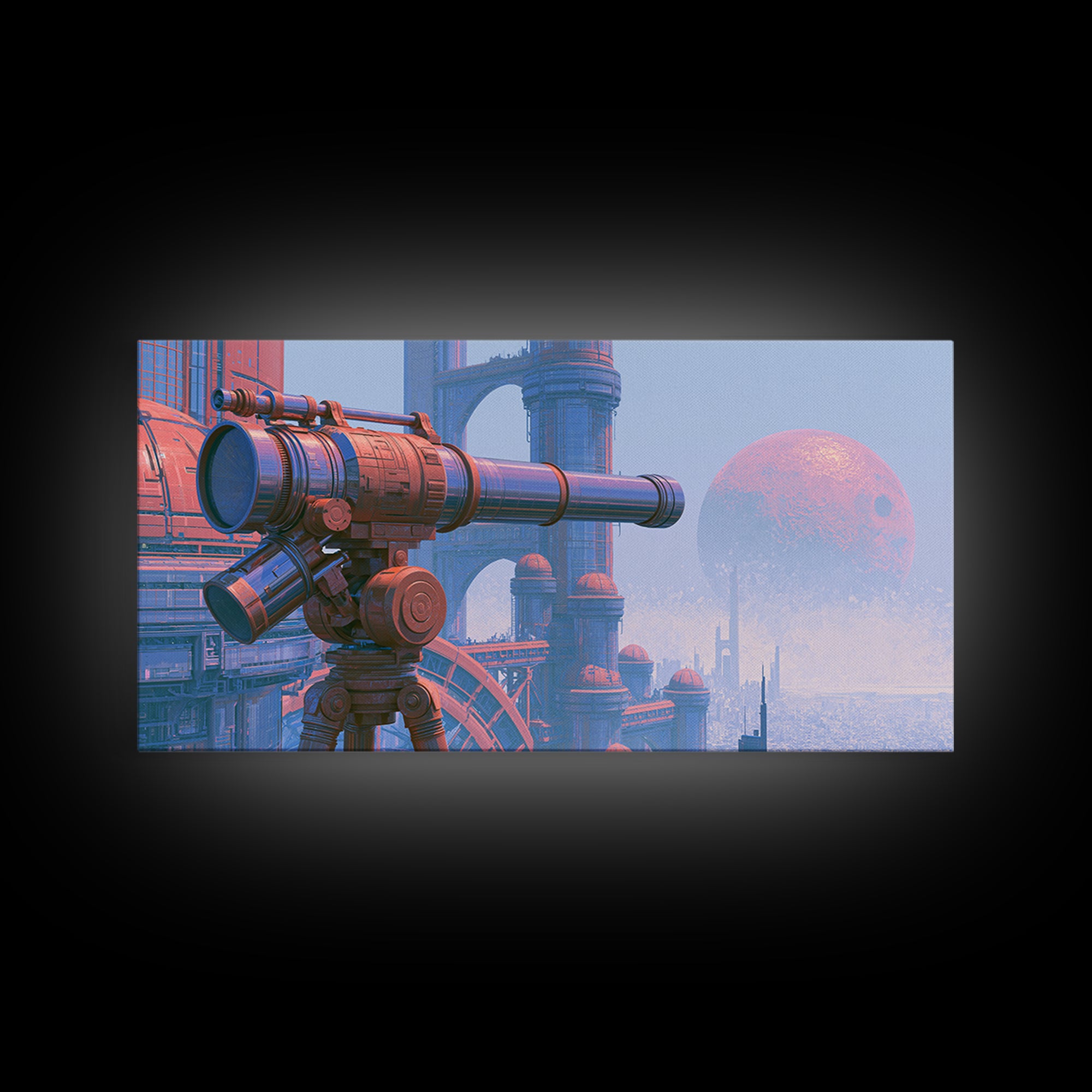 Brass Telescope Aimed at Copper Moon Framed Canvas Print, Steampunk Art, Printable Art, Living Room Decor, Oil Painting, STE-2x1-92