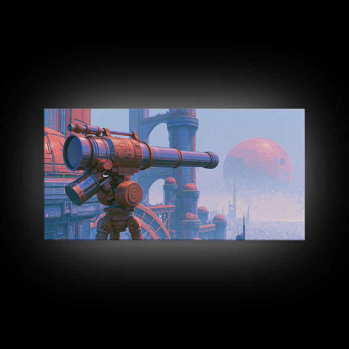 Brass Telescope Aimed at Copper Moon Framed Canvas Print, Steampunk Art, Printable Art, Living Room Decor, Oil Painting, STE-2x1-92
