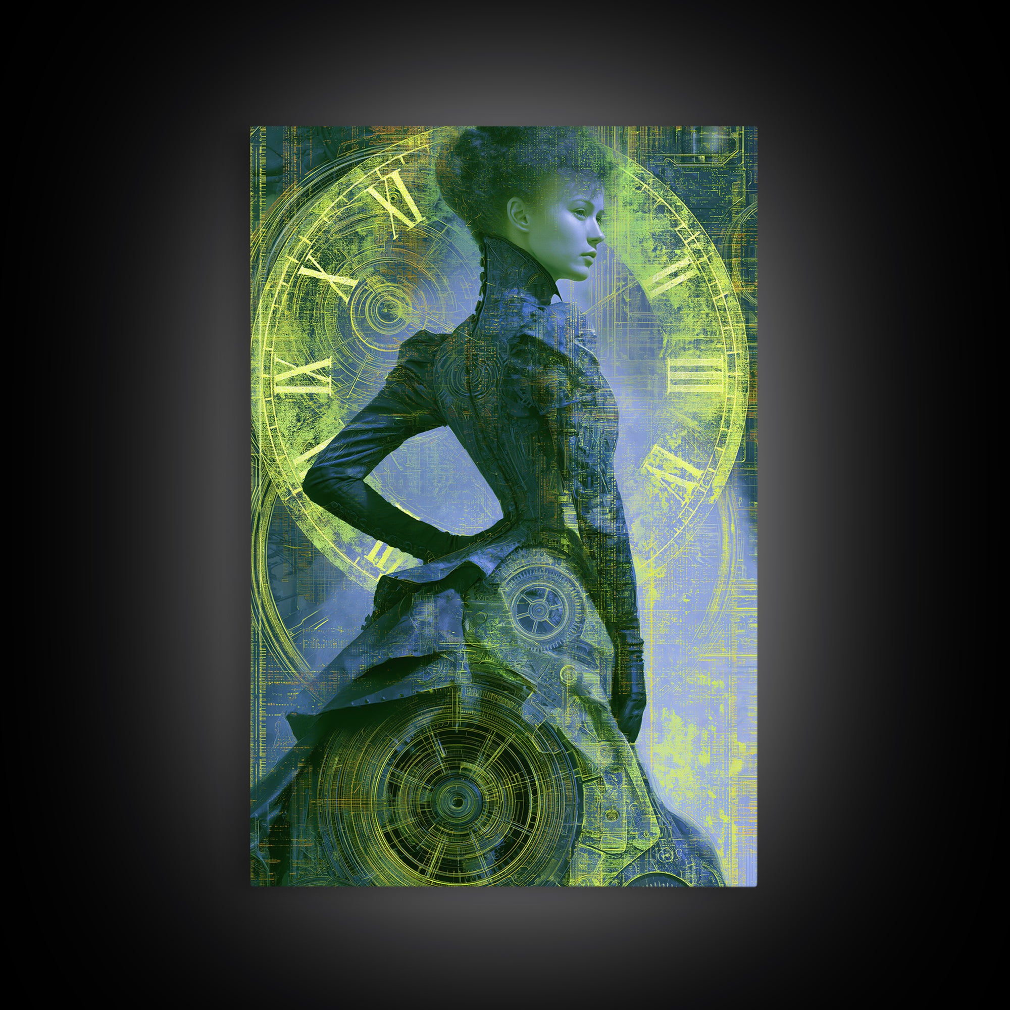 Victorian Lady with Clockwork Dress Details Framed Canvas Print, Steampunk Art, Steampunk, Living Room Decor, Mechanic, STE-2x3-1