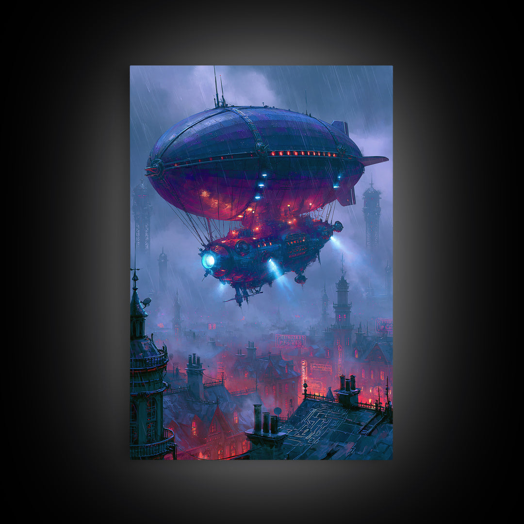 Airship Floating Above Victorian City Roofs Canvas Print, Steampunk Art, Contemporary Art, Living Room Decor, Mechanic, STE-2x3-10