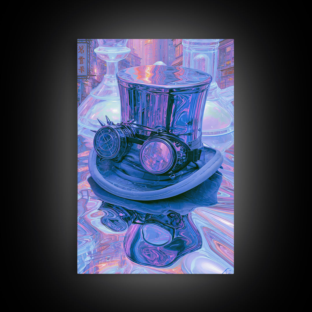 Top Hat and Goggles Still Life Framed Canvas Print, Steampunk Art, Living Room Decor, Oil Painting, Mechanic, STE-2x3-12