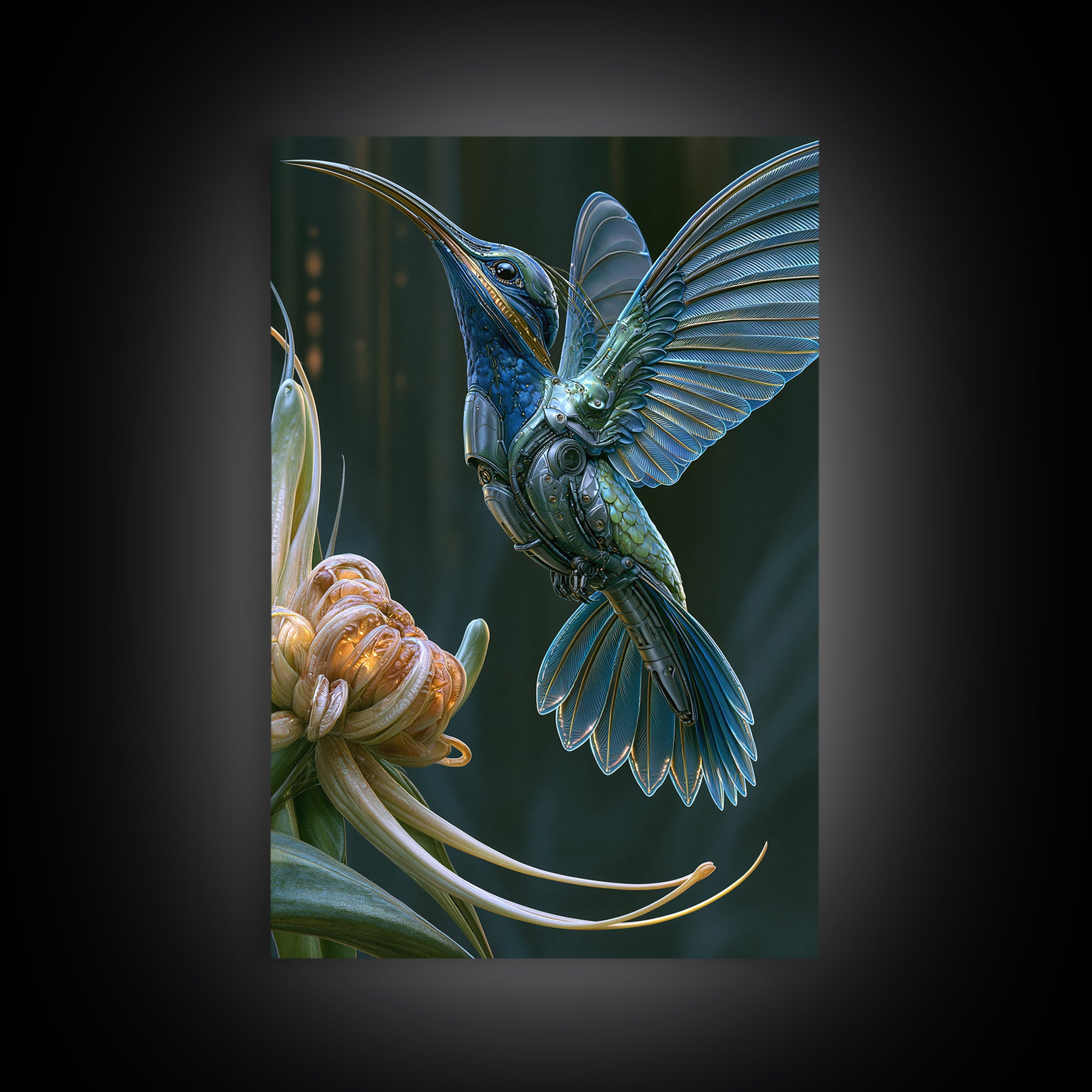 Mechanical Hummingbird Hovering Near Flower Framed Canvas Print, Steampunk Art, Canvas Art, Living Room Decor, Mechanic, STE-2x3-17