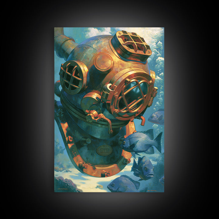 Brass Diving Helmet Framed Canvas Print, Steampunk Art, Printable Art, Living Room Decor, Oil Painting, Mechanic, STE-2x3-20