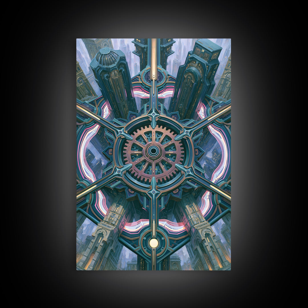 Cogwheel Mandala in Bronze and Teal Framed Canvas Print, Steampunk Art, Modern Decor, Living Room Decor, Fine Art, Mechanic, STE-2x3-24