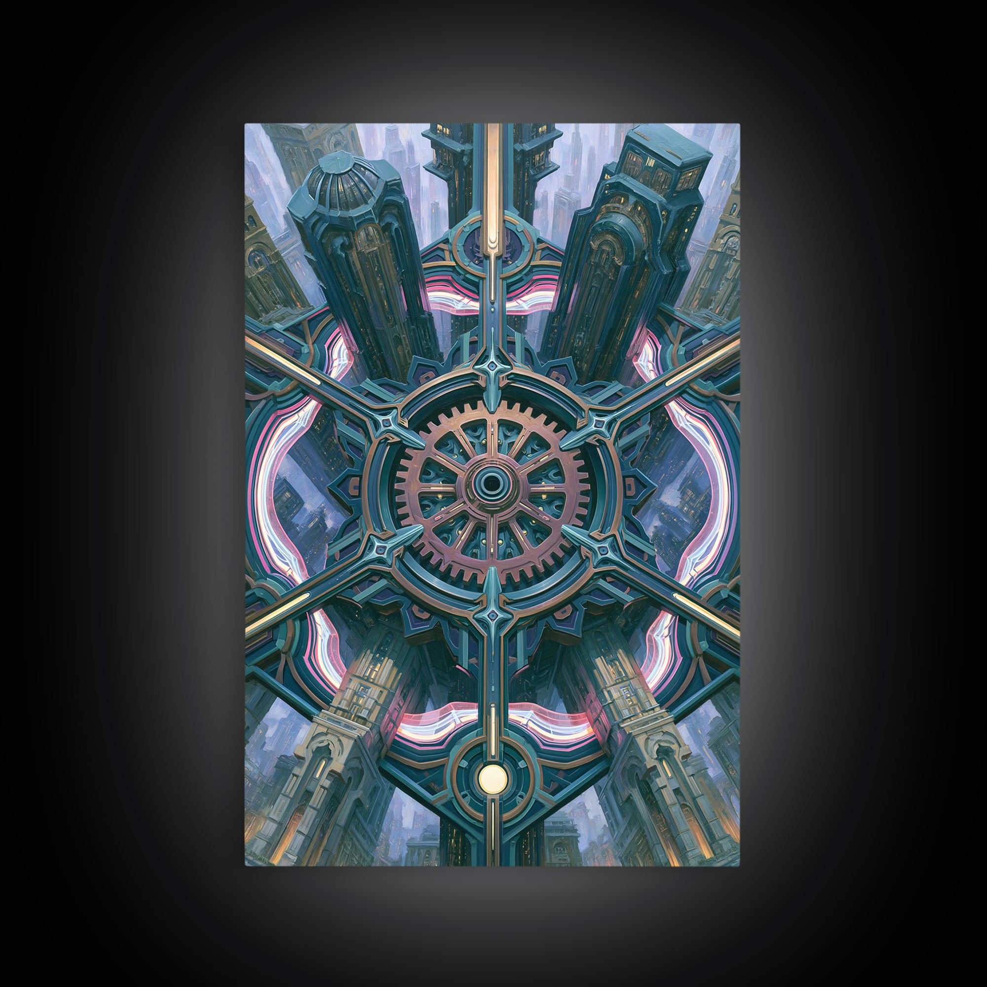 Cogwheel Mandala in Bronze and Teal Framed Canvas Print, Steampunk Art, Modern Decor, Living Room Decor, Fine Art, Mechanic, STE-2x3-24