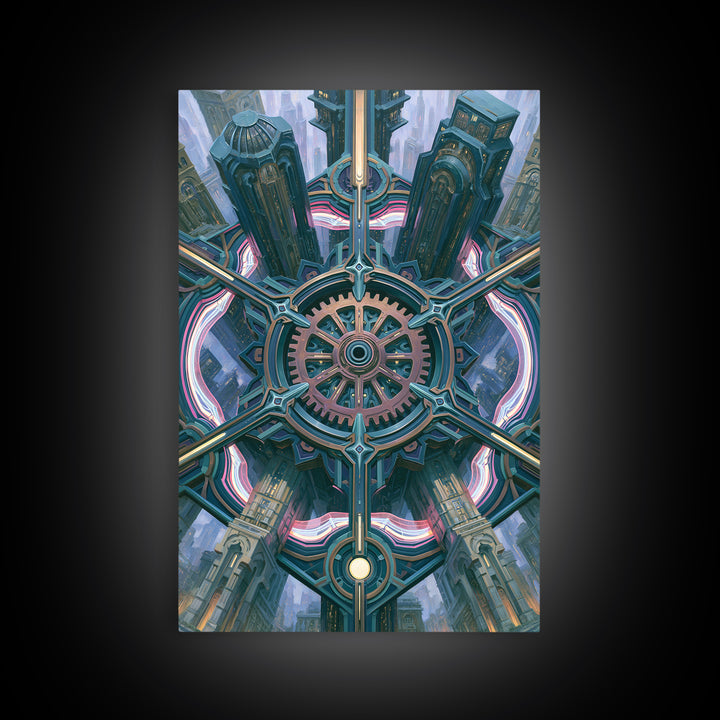 Cogwheel Mandala in Bronze and Teal Framed Canvas Print, Steampunk Art, Modern Decor, Living Room Decor, Fine Art, Mechanic, STE-2x3-24