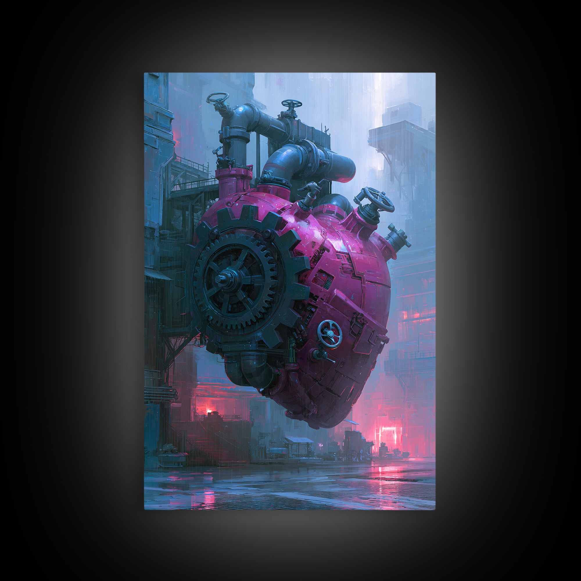 Gear Heart with Pipes and Valves Framed Canvas Print, Steampunk Art, Modern Art, Living Room Decor, Fine Art, Mechanic, STE-2x3-28