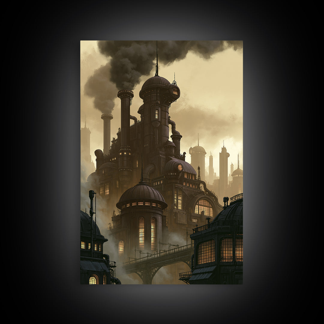 Steam Powered City Skyline Canvas Print, Steampunk Art, Original Art, Living Room Decor, Abstract Art, Mechanic, Cat Art, STE-2x3-29
