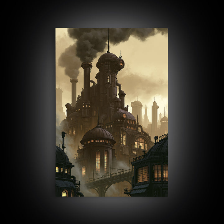 Steam Powered City Skyline Canvas Print, Steampunk Art, Original Art, Living Room Decor, Abstract Art, Mechanic, Cat Art, STE-2x3-29