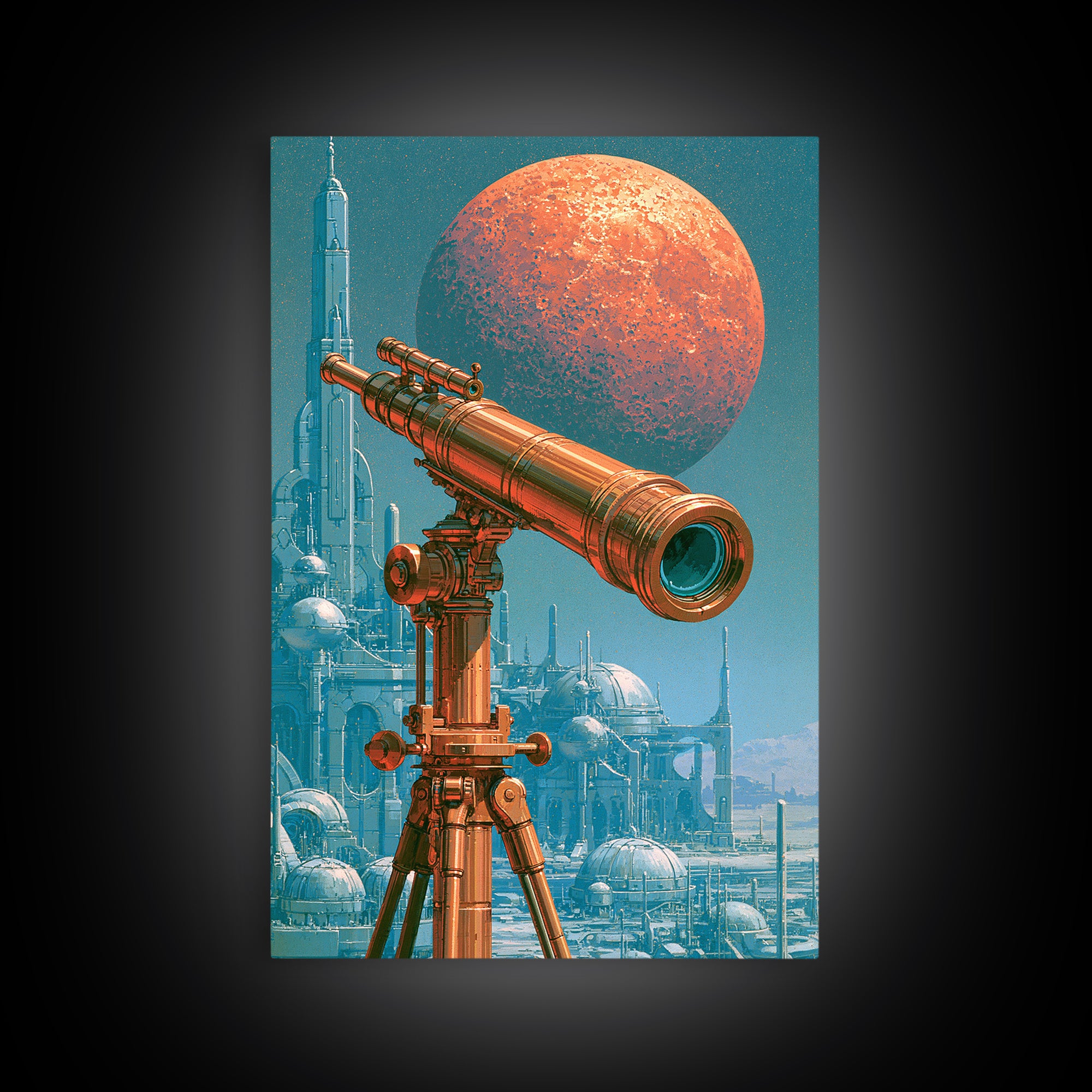Brass Telescope Aimed at Copper Moon Canvas Print, Steampunk Art, Statement Artwork, Living Room Decor, Fine Art, Mechanic, STE-2x3-32