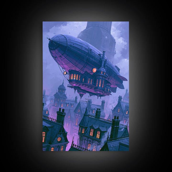 Airship Floating Above Victorian City Roofs Framed Canvas Print, Steampunk Art, Art Print, Living Room Decor, Mechanic, STE-2x3-34