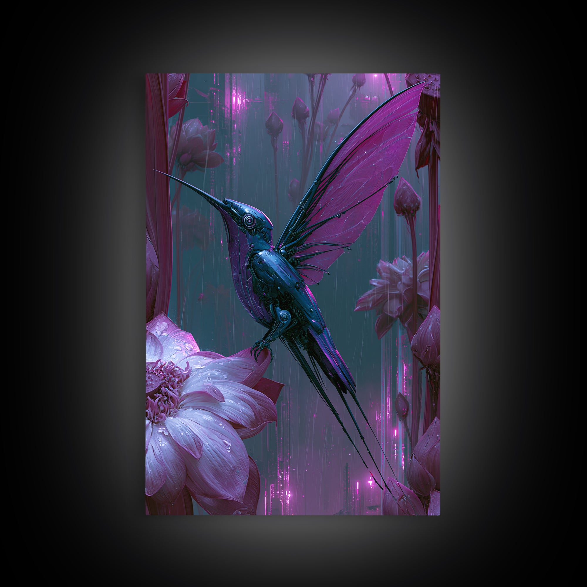 Mechanical Hummingbird Hovering Near Flower Framed Canvas Print, Steampunk Art, Canvas Art, Living Room Decor, Mechanic, STE-2x3-41