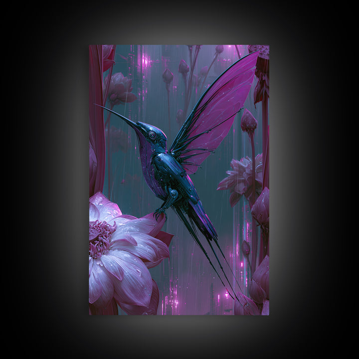 Mechanical Hummingbird Hovering Near Flower Framed Canvas Print, Steampunk Art, Canvas Art, Living Room Decor, Mechanic, STE-2x3-41