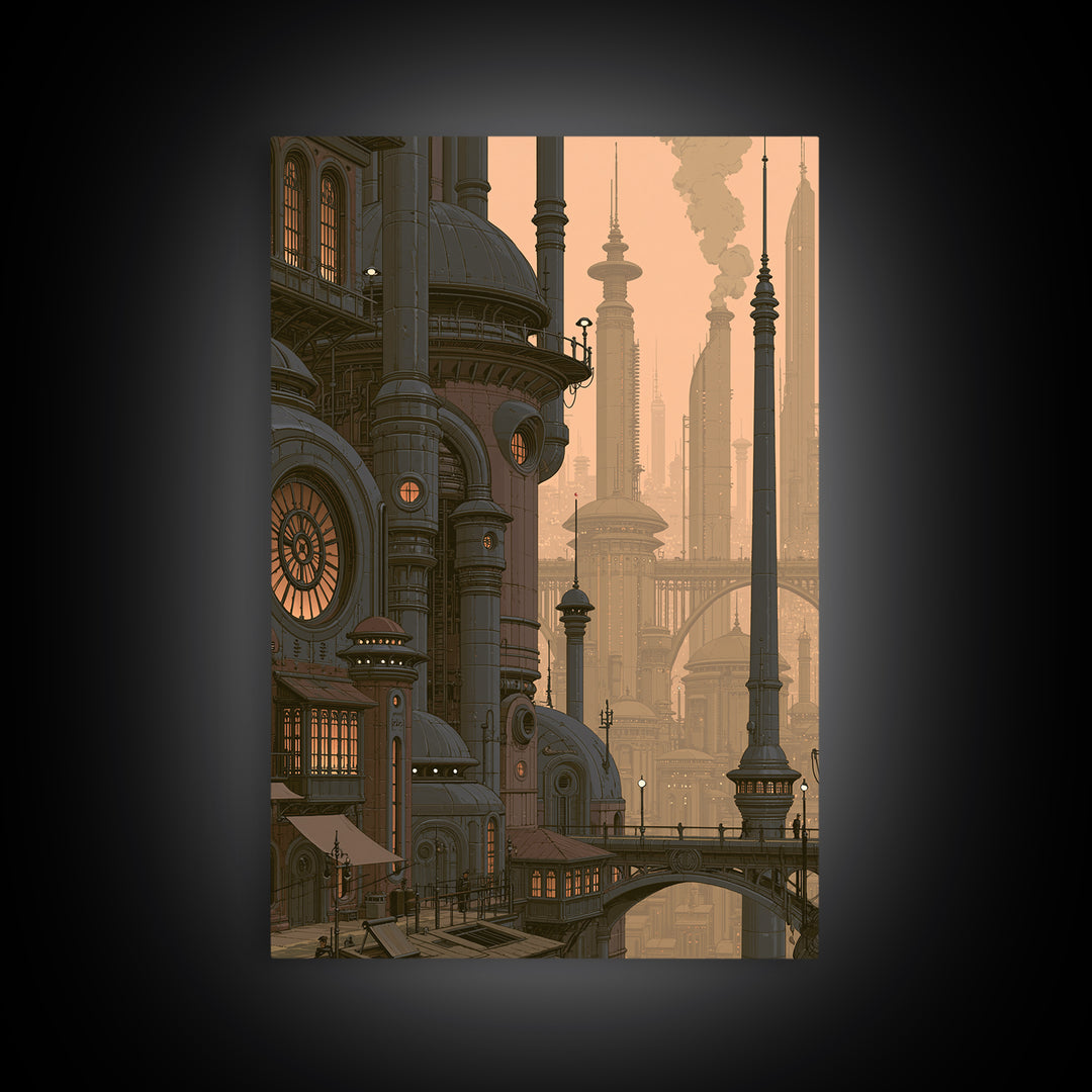 Steam Powered City Skyline Canvas Print, Steampunk Art, Original Art, Living Room Decor, Abstract Art, Mechanic, Cat Art, STE-2x3-5
