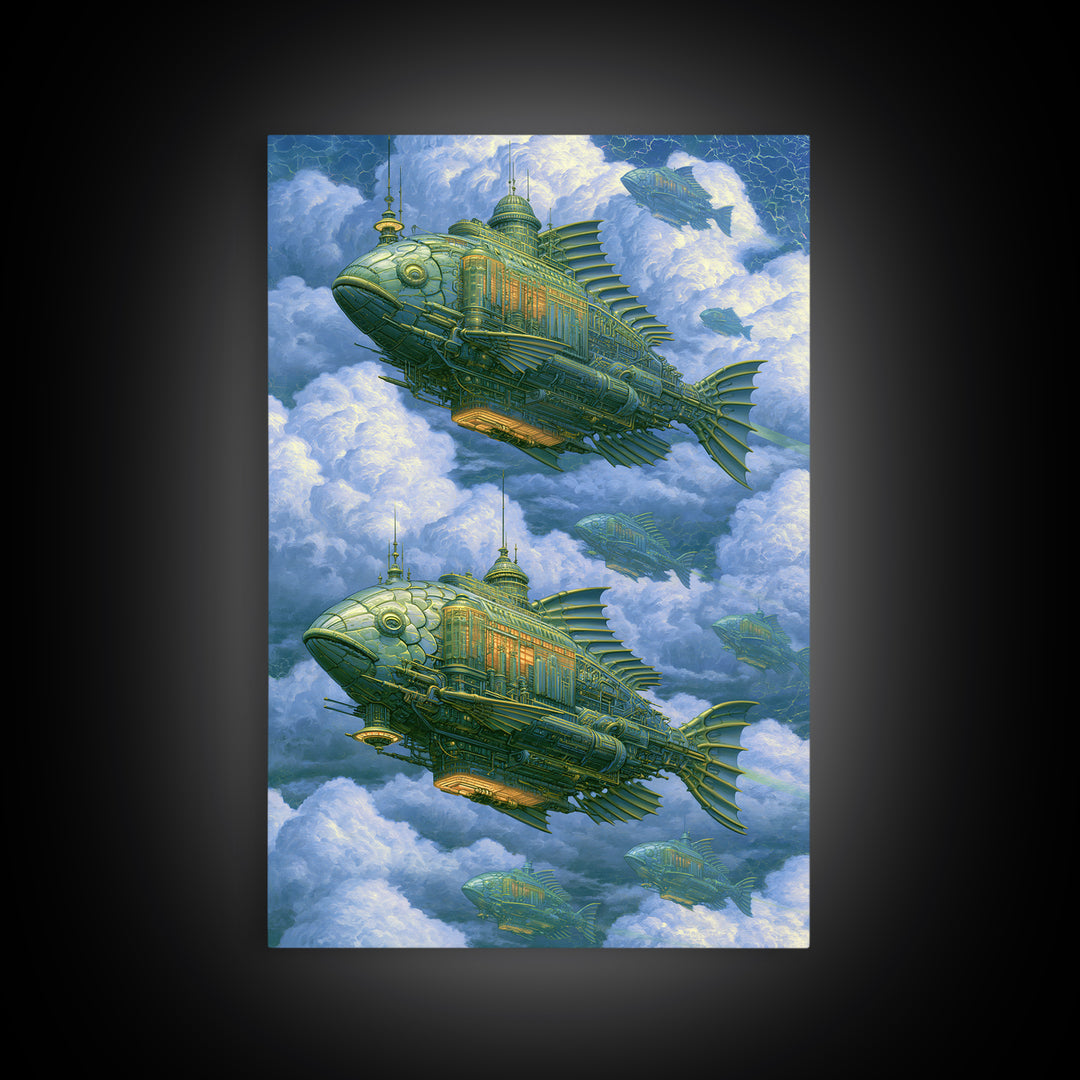 Mechanical Fish Swimming Through Clouds Canvas Print, Steampunk Art, Halloween Decor, Living Room Decor, Fine Art, Mechanic, STE-2x3-54