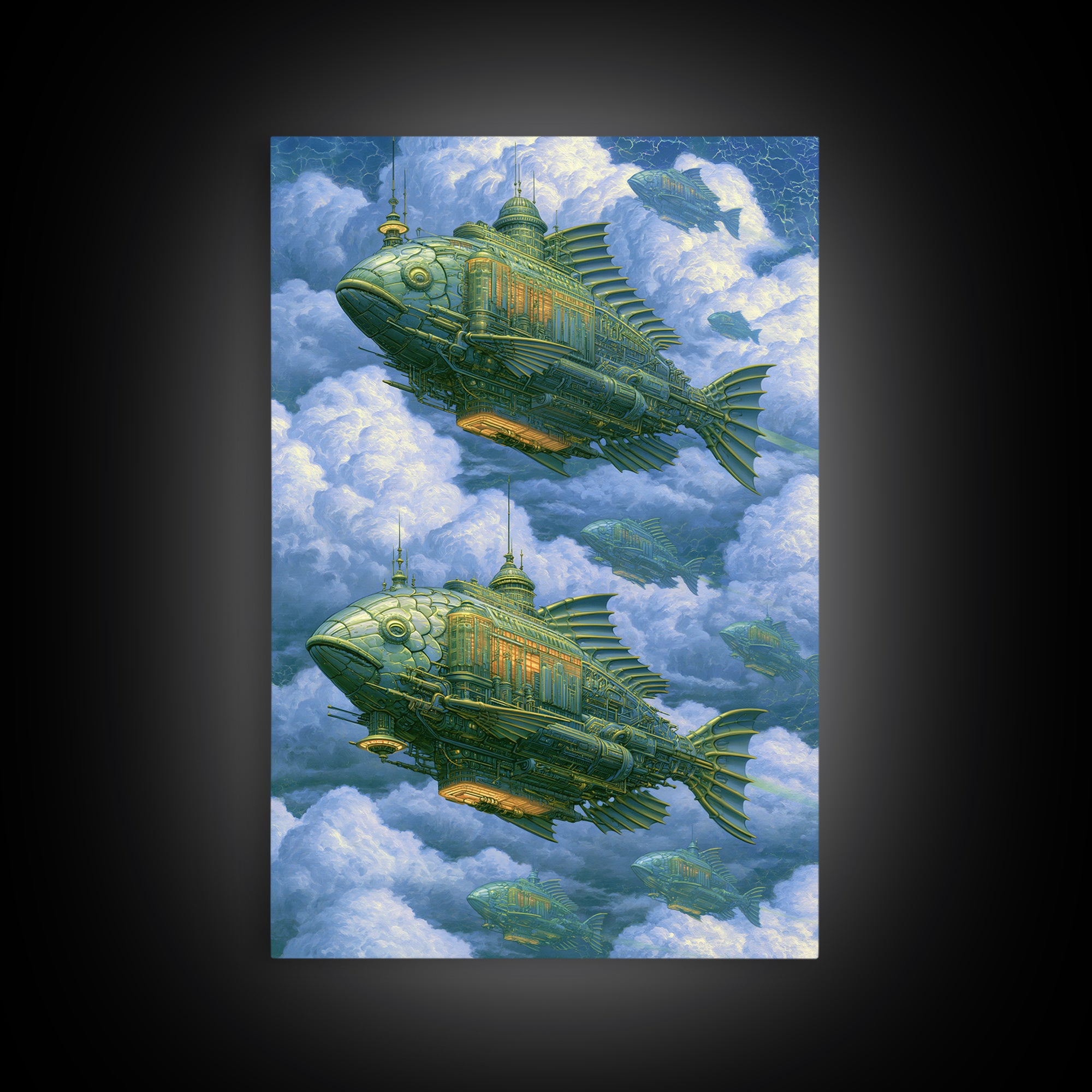 Mechanical Fish Swimming Through Clouds Canvas Print, Steampunk Art, Halloween Decor, Living Room Decor, Fine Art, Mechanic, STE-2x3-54