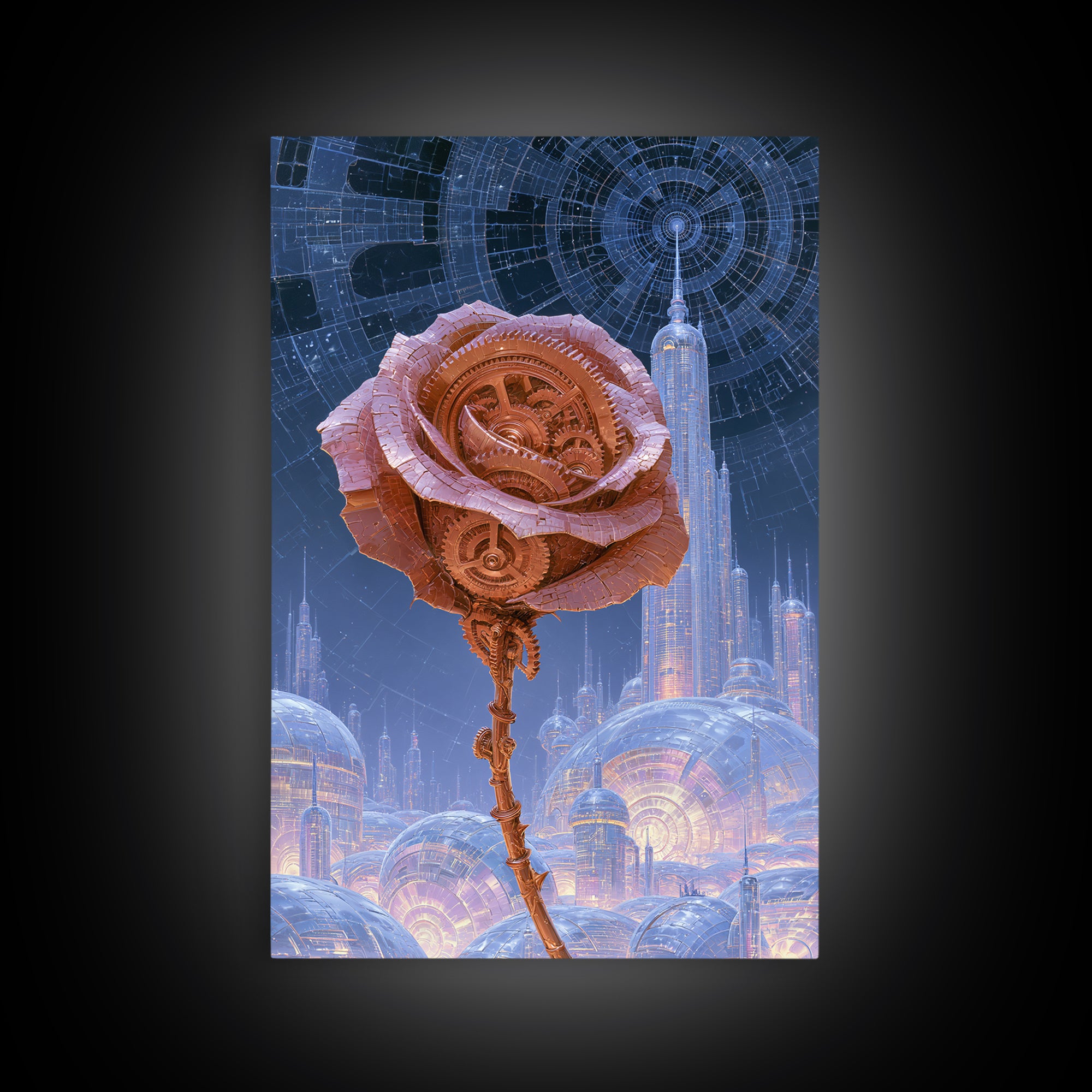 Mechanical Rose Made of Copper Gears Framed Canvas Print, Steampunk Art, Printable Art, Living Room Decor, Oil Painting, STE-2x3-59