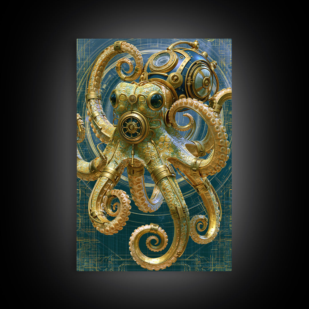 Steampunk Octopus with Brass Tentacles Canvas Print, Steampunk Art, Boho Wall Art, Living Room Decor, Fine Art, Mechanic, STE-2x3-61