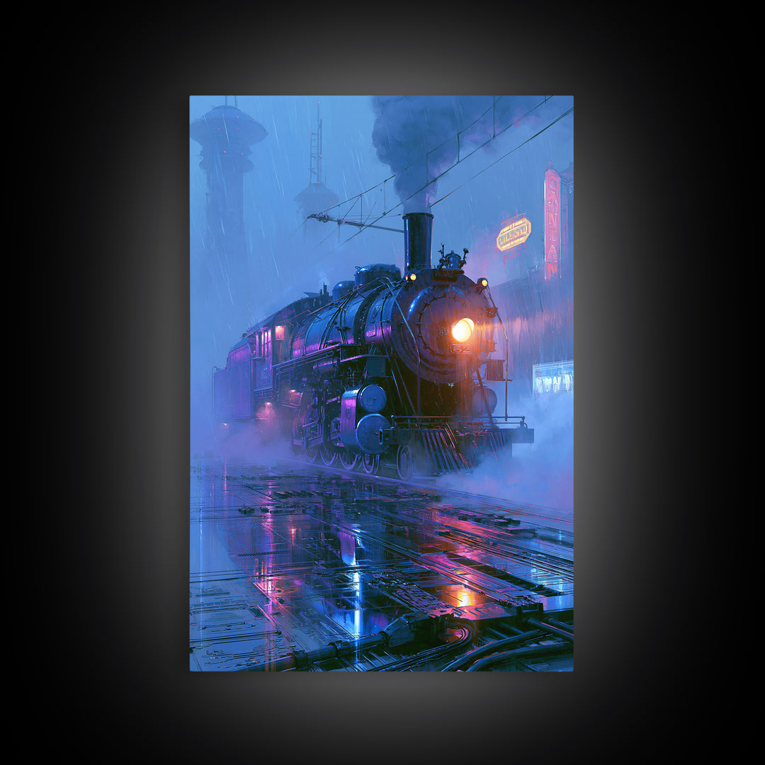 Steam Locomotive Racing Through Fog Canvas Print, Steampunk Art, Canvas Art, Living Room Decor, Abstract Art, Mechanic, STE-2x3-62