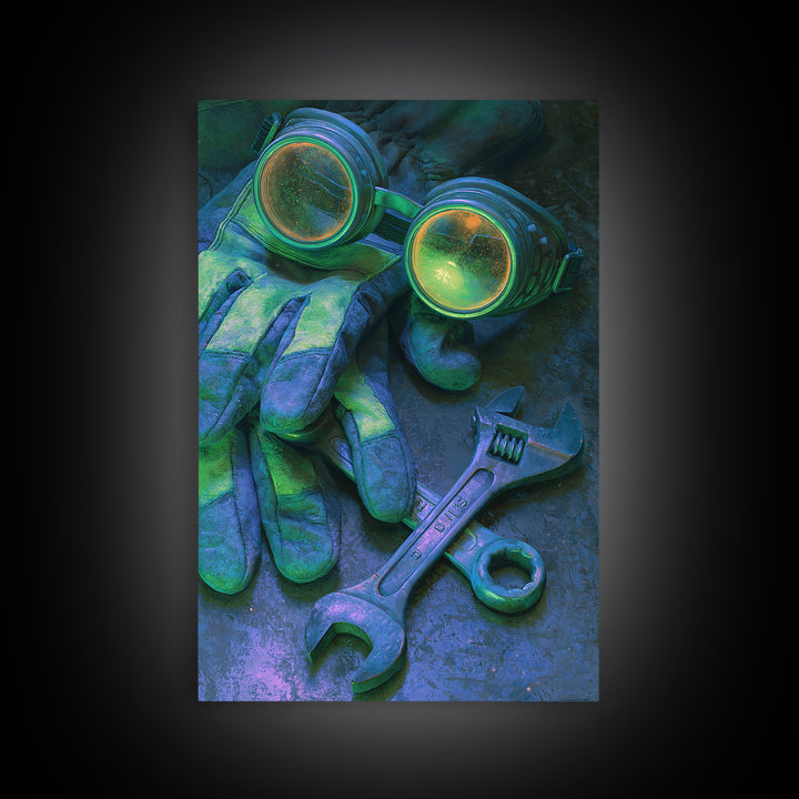 Goggles Gloves and Wrench Still Life Canvas Print, Steampunk Art, Fine Art Print, Living Room Decor, Fine Art, Mechanic, STE-2x3-7