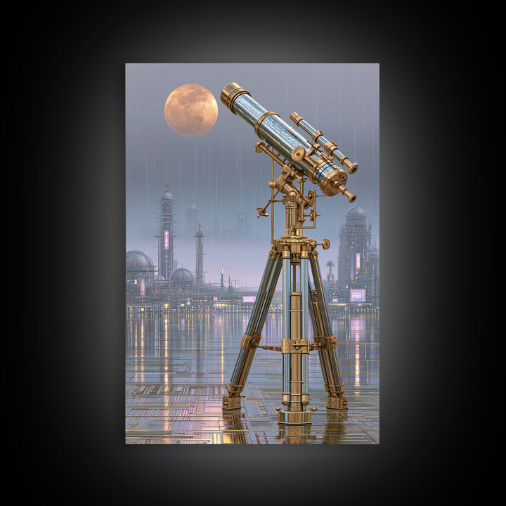 Brass Telescope Aimed at Copper Moon Framed Canvas Print, Steampunk Art, Dark Art, Living Room Decor, Oil Painting, Mechanic, STE-2x3-8