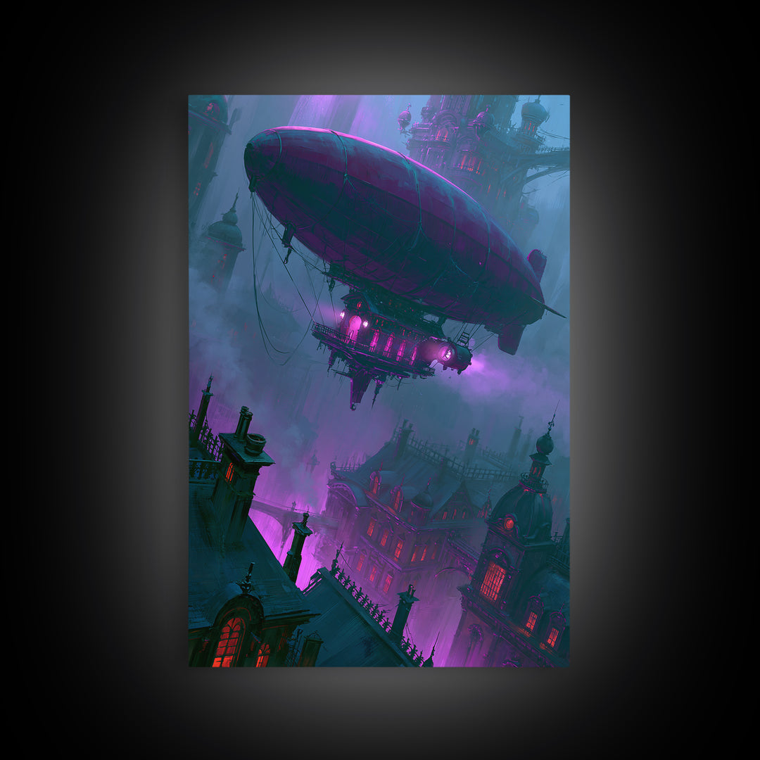 Airship Floating Above Victorian City Roofs Canvas Print, Steampunk Art, Abstract Art, Living Room Decor, Fine Art, Mechanic, STE-2x3-82