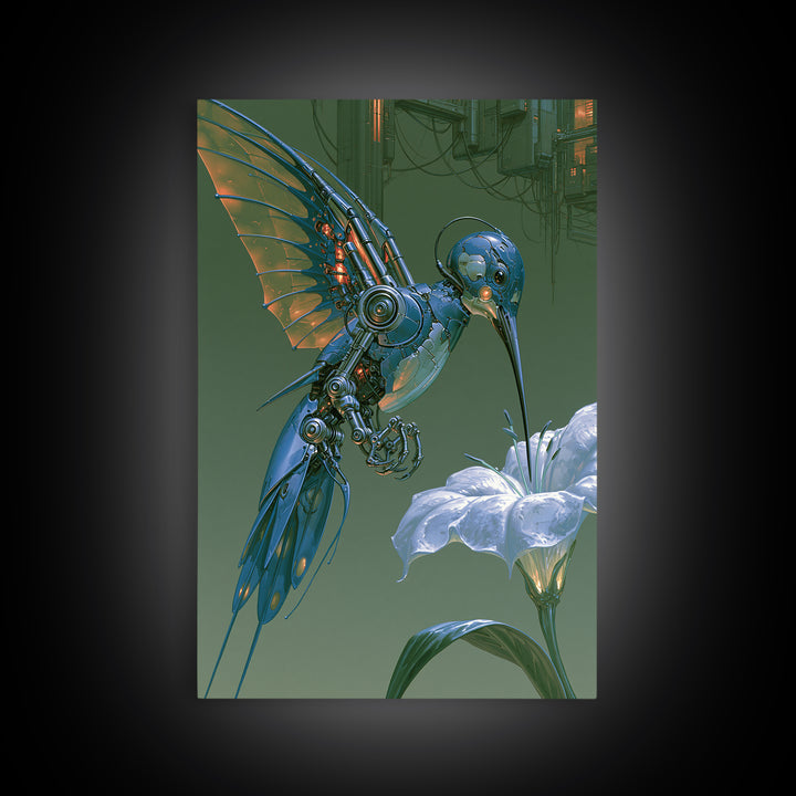 Mechanical Hummingbird Hovering Near Flower Canvas Print, Steampunk Art, Digital Download Art, Living Room Decor, Mechanic, STE-2x3-89