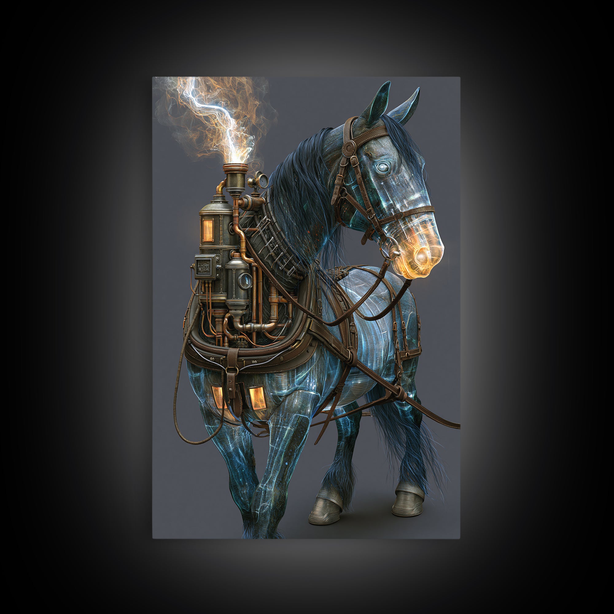 Steam Powered Horse Canvas Print, Steampunk Art, Dark Art, Living Room Decor, Oil Painting, Mechanic, Minimalist Decor, STE-2x3-95