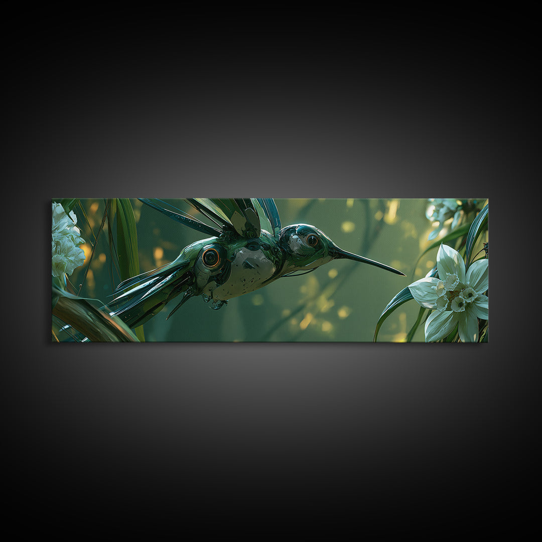 Mechanical Hummingbird Hovering Near Flower Canvas Print, Steampunk Art, Wall Art Living Room, Living Room Decor, Mechanic, STE-3x1-1
