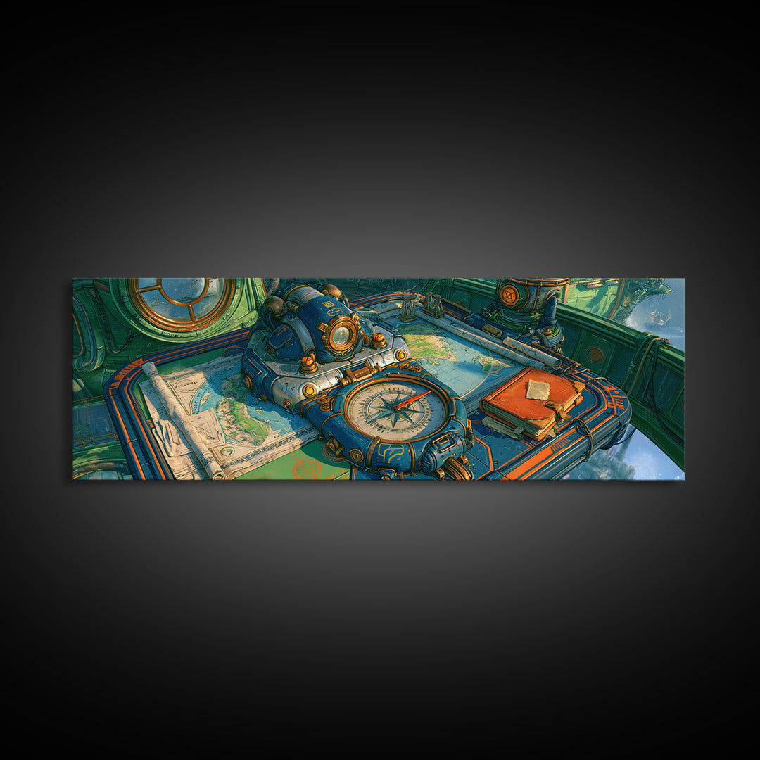 Airship Captain Map and Compass Still Life Framed Canvas Print, Steampunk Art, Digital Art, Living Room Decor, Mechanic, STE-3x1-10