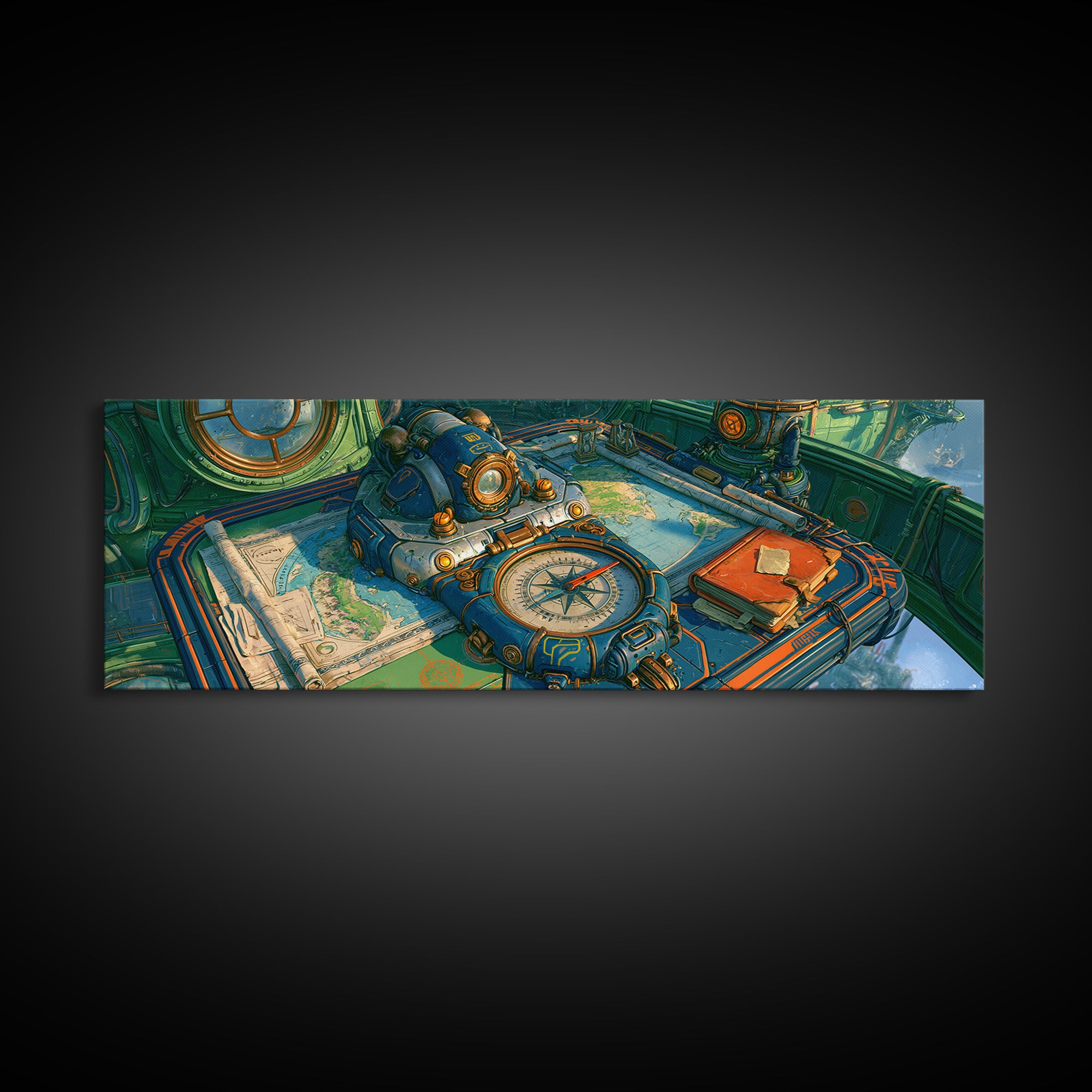 Airship Captain Map and Compass Still Life Framed Canvas Print, Steampunk Art, Digital Art, Living Room Decor, Mechanic, STE-3x1-10