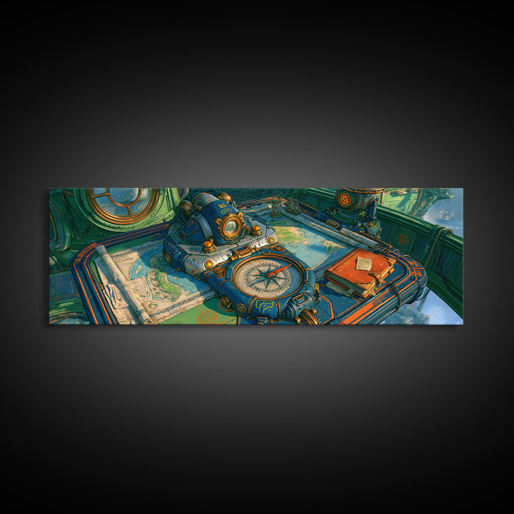 Airship Captain Map and Compass Still Life Framed Canvas Print, Steampunk Art, Digital Art, Living Room Decor, Mechanic, STE-3x1-10