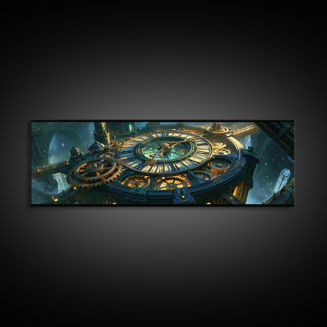 Clock Tower Gears Canvas Print, Steampunk Art, Cat Art, Living Room Decor, Oil Painting, Mechanic, Fine Art Print, STE-3x1-29