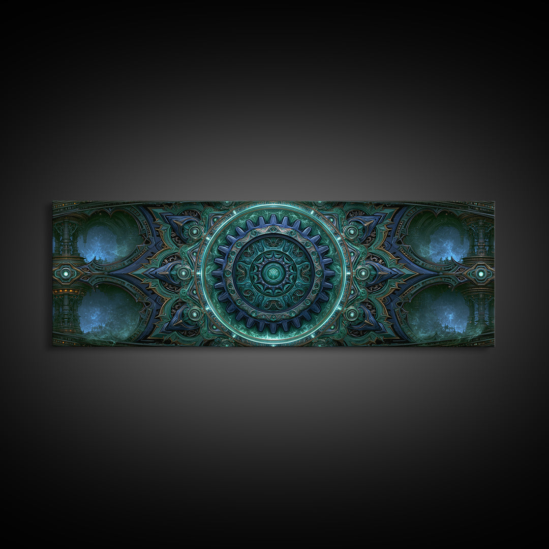 Cogwheel Mandala in Bronze and Teal Framed Canvas Print, Steampunk Art, Abstract Art Print, Living Room Decor, Watercolor Art, STE-3x1-32