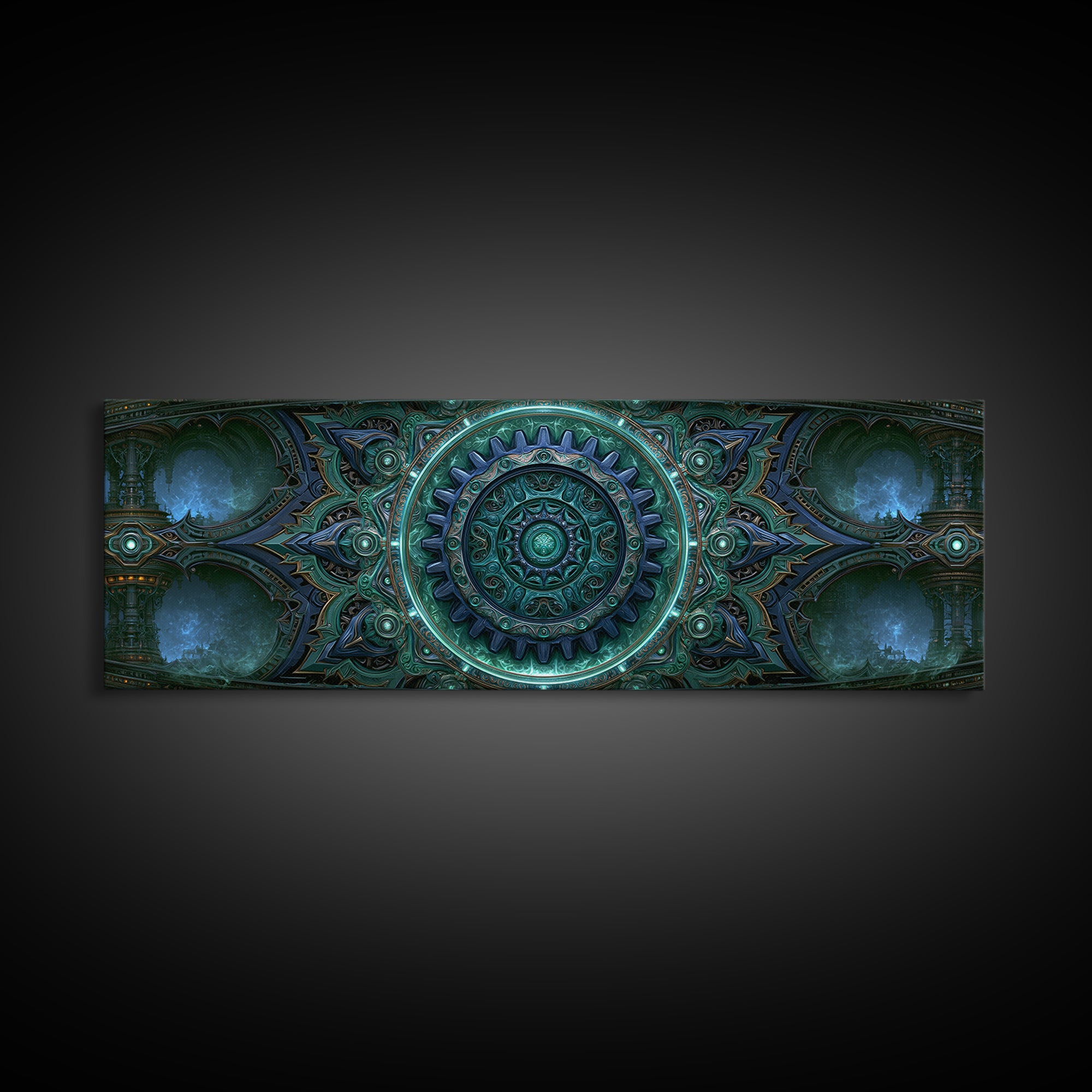Cogwheel Mandala in Bronze and Teal Framed Canvas Print, Steampunk Art, Abstract Art Print, Living Room Decor, Watercolor Art, STE-3x1-32