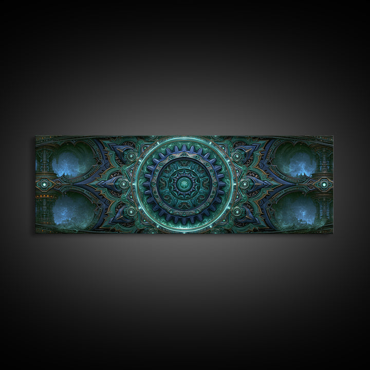 Cogwheel Mandala in Bronze and Teal Framed Canvas Print, Steampunk Art, Abstract Art Print, Living Room Decor, Watercolor Art, STE-3x1-32