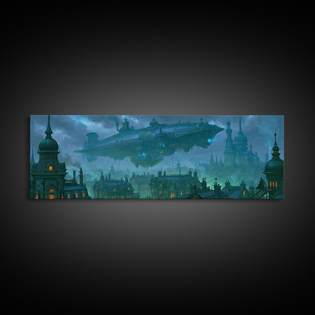 Airship Floating Above Victorian City Roofs Canvas Print, Steampunk Art, Whimsigoth Decor, Living Room Decor, Mechanic, STE-3x1-42
