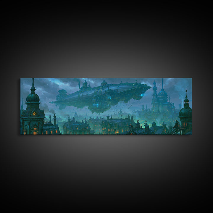 Airship Floating Above Victorian City Roofs Canvas Print, Steampunk Art, Whimsigoth Decor, Living Room Decor, Mechanic, STE-3x1-42