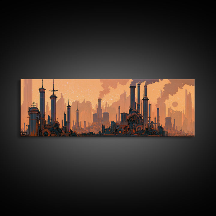 Steam Powered City Skyline Canvas Print, Steampunk Art, Dark Art, Living Room Decor, Abstract Art, Mechanic, Minimalist Decor, STE-3x1-61