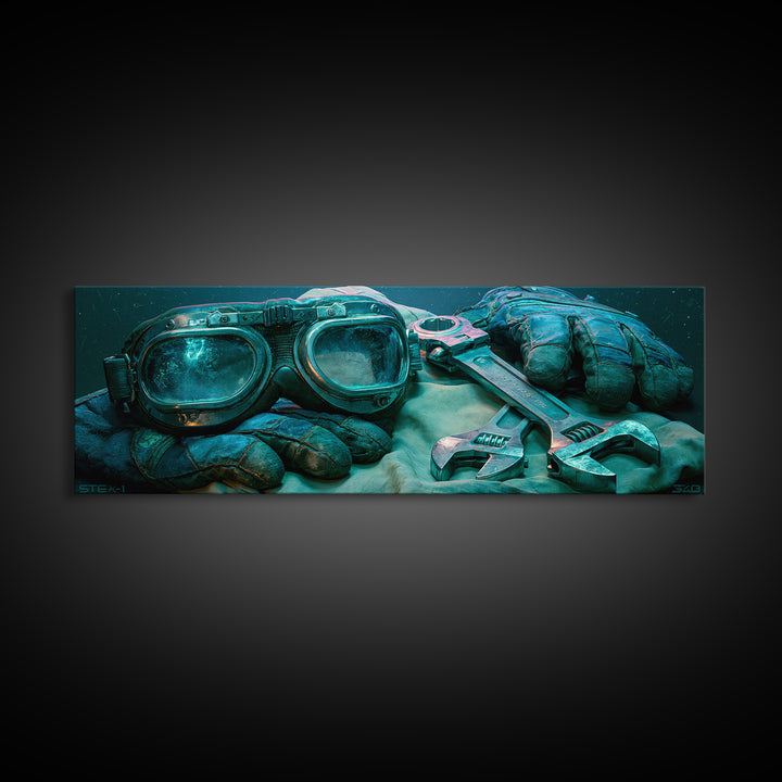 Goggles Gloves and Wrench Still Life Framed Canvas Print, Steampunk Art, Contemporary Art, Living Room Decor, Mechanic, STE-3x1-63