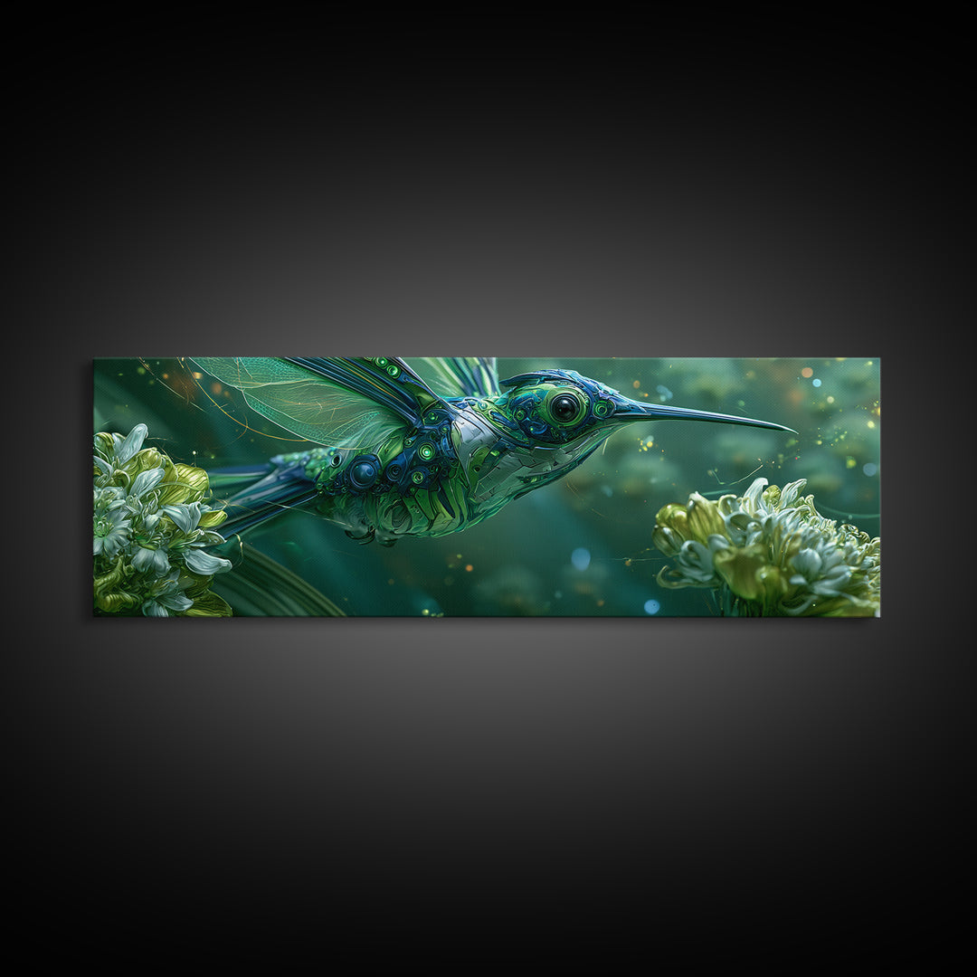 Mechanical Hummingbird Hovering Near Flower Framed Canvas Print, Steampunk Art, Neutral Decor, Living Room Decor, Oil Painting, STE-3x1-73