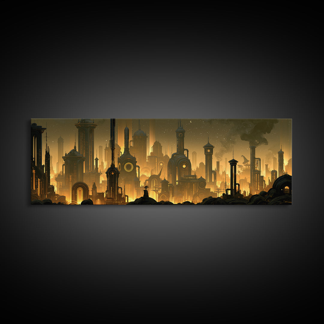Steam Powered City Skyline Canvas Print, Steampunk Art, Dark Art, Living Room Decor, Abstract Art, Mechanic, Minimalist Decor, STE-3x1-85