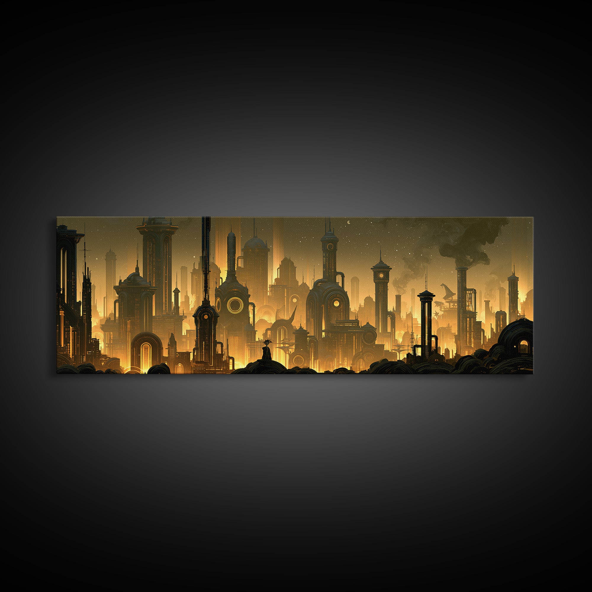 Steam Powered City Skyline Canvas Print, Steampunk Art, Dark Art, Living Room Decor, Abstract Art, Mechanic, Minimalist Decor, STE-3x1-85